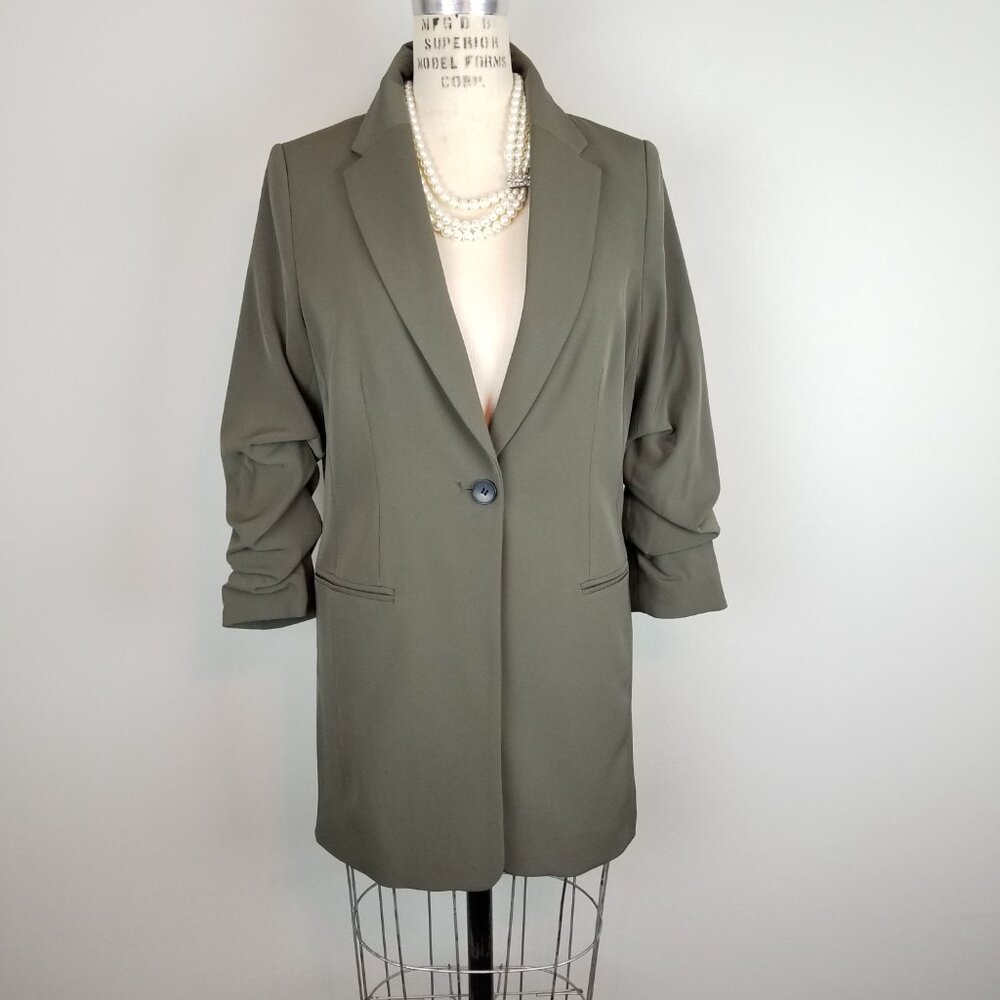 Classic Olive Green Long Fitted Blazer Ruched 3/4 Sleeve